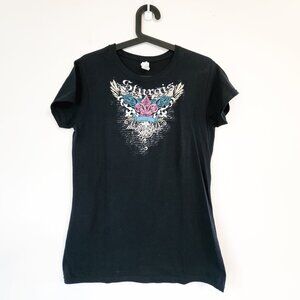 Gildan Sturgis 2015 Black Hill Raly Motorcycle Women Sz L Round Neck Black Tee